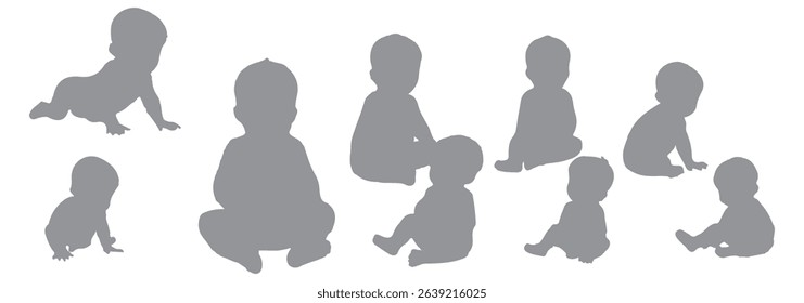 Vector illustration of baby silhouette crawling, sitting, playing with toy, infant development stages, child movement actions, black toddler clipart set