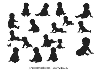 Vector illustration of baby silhouette crawling, sitting, playing with toy, infant development stages, child movement actions, black toddler clipart set
