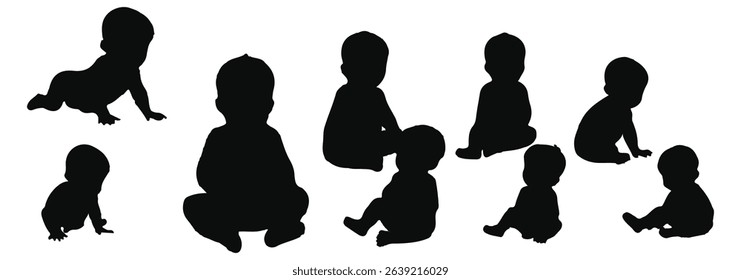 Vector illustration of baby silhouette crawling, sitting, playing with toy, infant development stages, child movement actions, black toddler clipart set