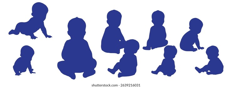 Vector illustration of baby silhouette crawling, sitting, playing with toy, infant development stages, child movement actions, black toddler clipart set