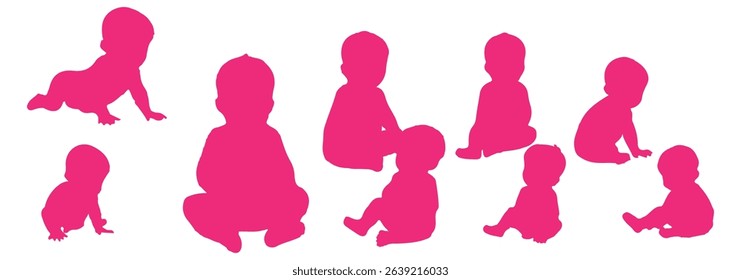 Vector illustration of baby silhouette crawling, sitting, playing with toy, infant development stages, child movement actions, black toddler clipart set