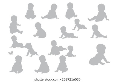 Vector illustration of baby silhouette crawling, sitting, playing with toy, infant development stages, child movement actions, black toddler clipart set