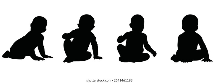 Vector illustration of baby silhouette in crawling and sitting positions, toddler movement poses, black infant figures collection for child development ...