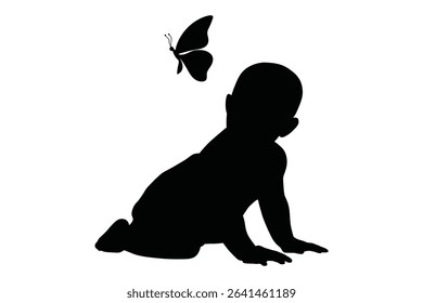 Vector illustration of baby silhouette in crawling and sitting positions, toddler movement poses, black infant figures collection for child development ...