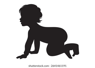 Vector illustration of baby silhouette in crawling and sitting positions, toddler movement poses, black infant figures collection for child development ...