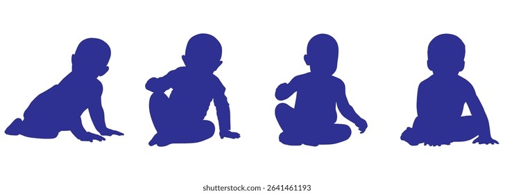 Vector illustration of baby silhouette in crawling and sitting positions, toddler movement poses, black infant figures collection for child development ...