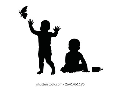 Vector illustration of baby silhouette in crawling and sitting positions, toddler movement poses, black infant figures collection for child development ...