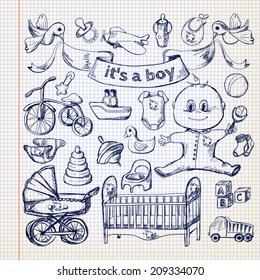 Vector illustration. Baby sketch set. boy