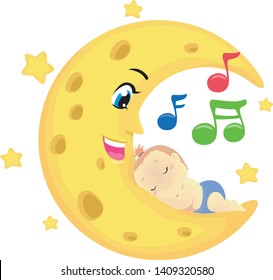 Vector Illustration of a Baby Sleeping on the moon with musical notes