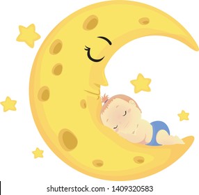 Vector Illustration of a Baby sleeping on the sleeping Moon