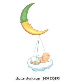 Vector illustration of a baby sleeping on the moon. Realistic cartoon baby in diaper. Illustration for diaper package or ad.