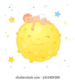 Vector illustration of a baby sleeping on the moon. Realistic cartoon baby in diaper. Illustration for diaper package or ad.