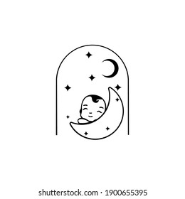 Vector illustration of a baby sleeping on the moon. White background.