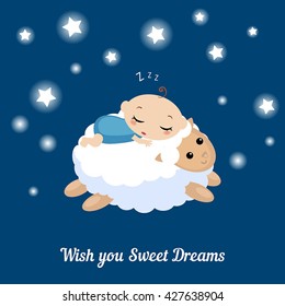 Vector illustration of a baby sleeping on the lamb. I wish you sweet dreams.