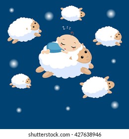 Vector illustration of a baby sleeping on the lamb. Sheep running across the sky.