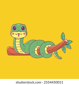 Vector illustration of baby snake on a tree branch. Isolated cute cartoon snake.
