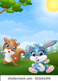 Vector illustration of  Baby squirrel and baby rabbit cartoon in the jungle 