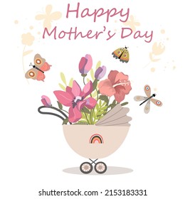 Vector illustration of a baby stroller with a bouquet of flowers, magnolia, hibiscus, happy mother's day.