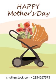 Vector illustration of a baby stroller with a bouquet of poppies, happy mother's day.