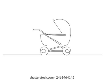 vector illustration of a baby stroller in continuous line style, white isolated background