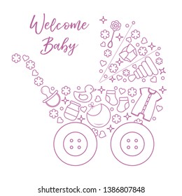 Vector illustration with baby stroller, goods for babies. Newborn baby background. Baby nipple, socks, diaper, bodysuit, duck, bib, baby food jar, pyramid, rattle.