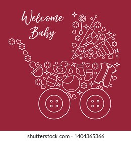 Vector illustration with baby stroller, goods for babies. Newborn baby background. Baby nipple, socks, diaper, bodysuit, duck, bib, baby food jar, pyramid, rattle.