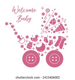 Vector illustration with baby stroller, goods for babies. Newborn baby background. Baby nipple, socks, diaper, bodysuit, duck, bib, baby food jar, pyramid, rattle.
