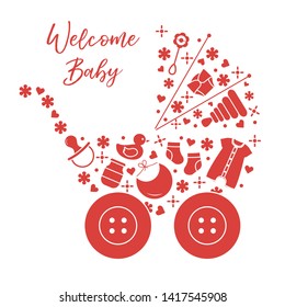 Vector illustration with baby stroller, goods for babies. Newborn baby background. Baby nipple, socks, diaper, bodysuit, duck, bib, baby food jar, pyramid, rattle.