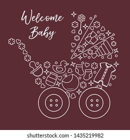 Vector illustration with baby stroller, goods for babies. Newborn baby background. Baby nipple, socks, diaper, bodysuit, duck, bib, baby food jar, pyramid, rattle.