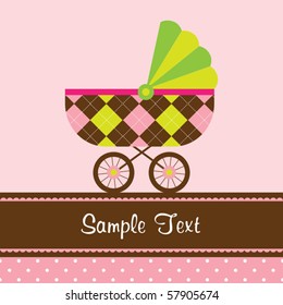 Vector illustration of a baby stroller on pink and polka dot background.