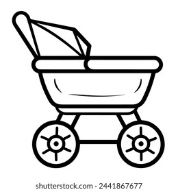 Vector illustration of a baby stroller outline icon, ideal for childcare projects.