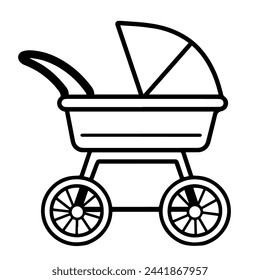 Vector illustration of a baby stroller outline icon, ideal for childcare projects.