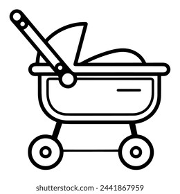 Vector illustration of a baby stroller outline icon, ideal for childcare projects.