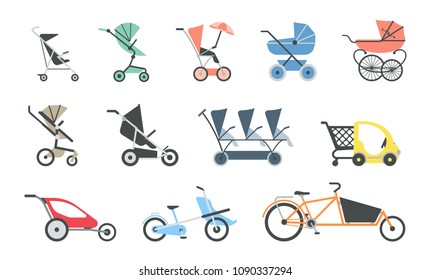 Vector illustration of baby strollers. Flat icon set  of various baby strollers and other types of baby rides.
