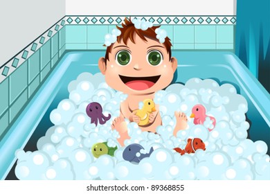 A vector illustration of a baby taking a bubble bath in the bathroom