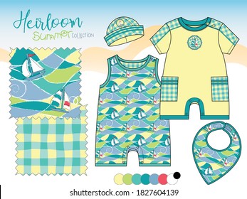 Vector Illustration of Baby Toddler Boy Summer Beach Outfit. Gingham Fabric and Sailboat Pattern.