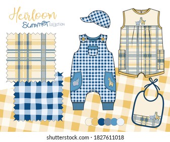 Vector Illustration of Baby Toddler Boy Fashion with Repeating Patterns. Plaid and Gingham Print with Giraffe and Elephant Cartoon Characters.