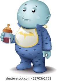 ilustración vectorial de un bebé vampiro con una botella de bebé llena de sangre