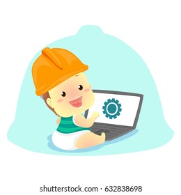 Vector Illustration of Baby wearing a Engineer Helmet in front of the Laptop