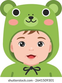 Vector illustration of a baby wearing a green bear hoodie smiling with rosy cheeks and bright eyes, showing innocence and joy in a cute portrait style. Cheerful mood.