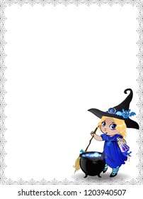 Vector illustration of baby witch girll in blue costume and cauldron framed with spider cobweb on white background. Halloween template, border, frame, flyer, invitation, greeting card with copy space.