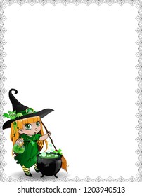 Vector illustration of baby witch girll in green costume and cauldron framed with spider cobweb on white background. Halloween template, border, frame, flyer, invitation, greeting card with copy space