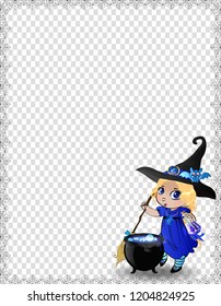 Vector illustration of baby witch girll in blue costume and cauldron framed with cobweb on transparent background. Halloween template, border, frame, flyer, invitation, greeting card with copy space.