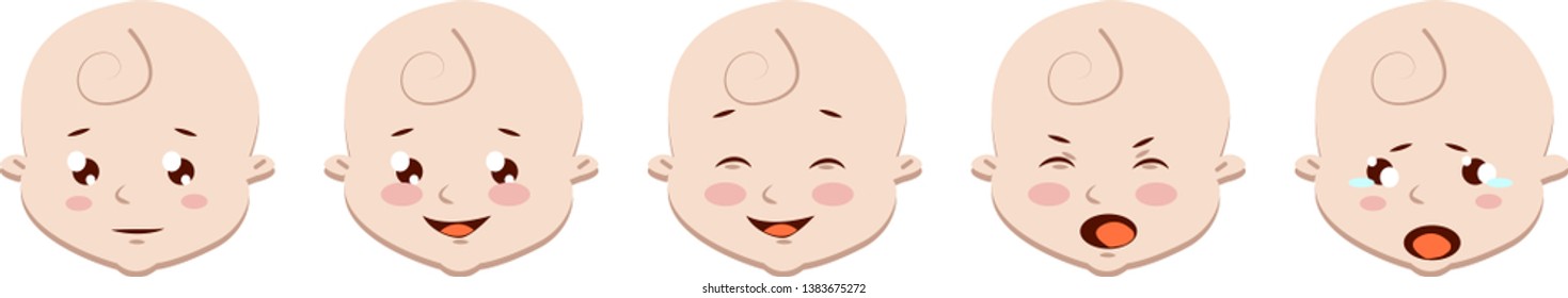 Vector illustration. Baby's faces with different emotions in cartoon stile. Isolated on white.