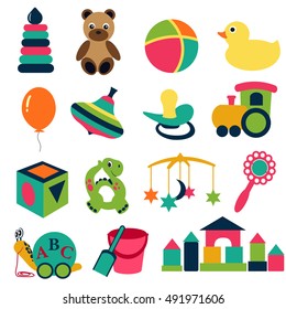 Vector illustration of baby's toys set
Collection of colorful cartoon toys. Beautiful baby icons

