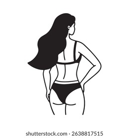 Vector Illustration of Woman’s Back in Bikini , Minimalist Line Art Design. women back view.