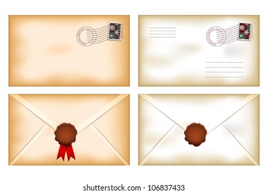 Vector illustration of back and front view vintage envelopes with blank wax seal