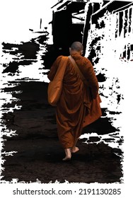 Vector illustration of back of the monk who is almsgiving. Dark tone.