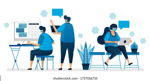 Vector illustration of back to office during the covid-19 pandemic by wearing a mask. Working protocol in new normal. Design can be used for landing page, website, mobile app, poster, flyers, banner