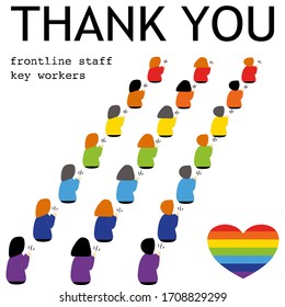 Vector Illustration Of Back Of People Clapping With Rainbow Heart And Text Thank You Frontline Workers And Key Workers Concept Of Clap For Carers During Coronavirus Covid-19 Outbreak